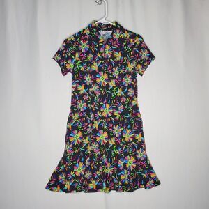 Ibkul Dress XS Birds Floral Ruffle Hem Neon Highlighter Mini Zip Pocket